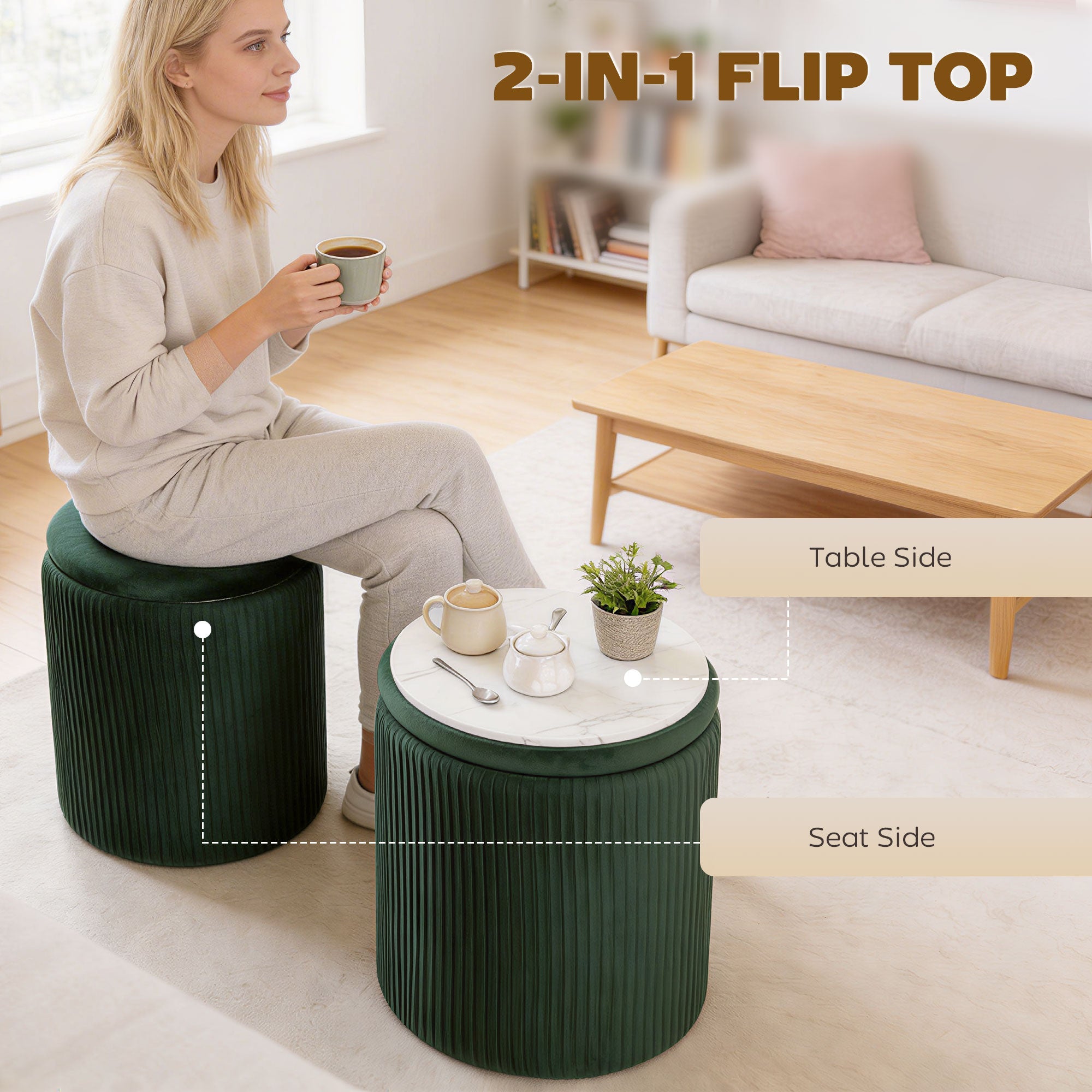 Dark green ribbed velvet storage ottoman with white marble flip top for living room seating and table use