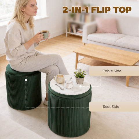 Dark green ribbed velvet storage ottoman with white marble flip top for living room seating and table use