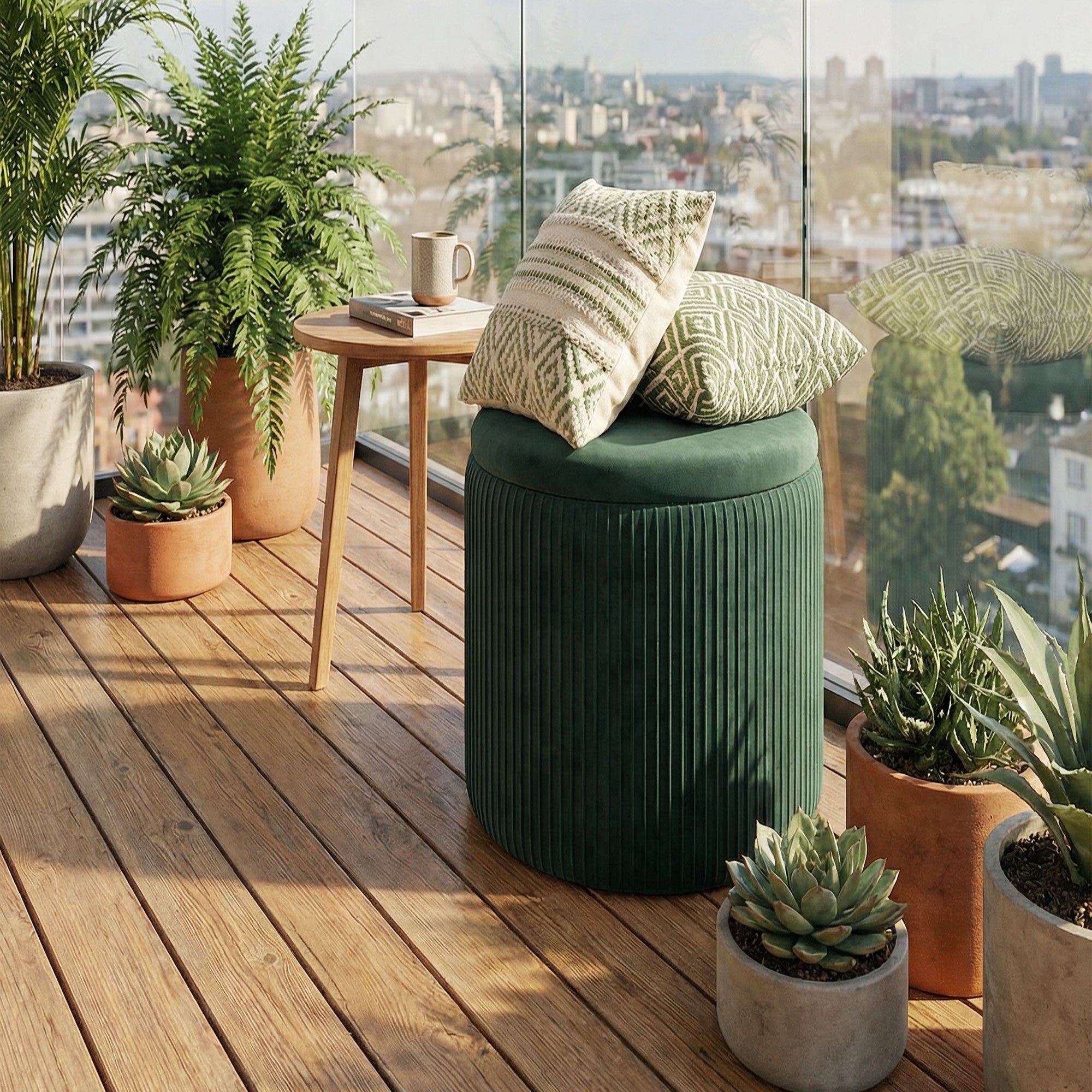 Deep green velvet storage ottoman with vertical pleats and patterned pillows perfect for living room use