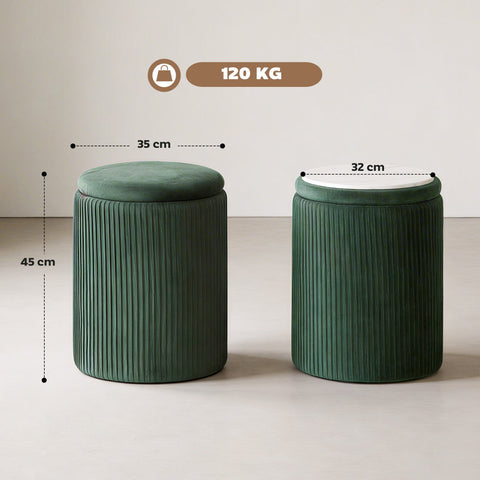 Two dark green ribbed velvet storage ottomans with round tops perfect for living room ottoman storage bench use