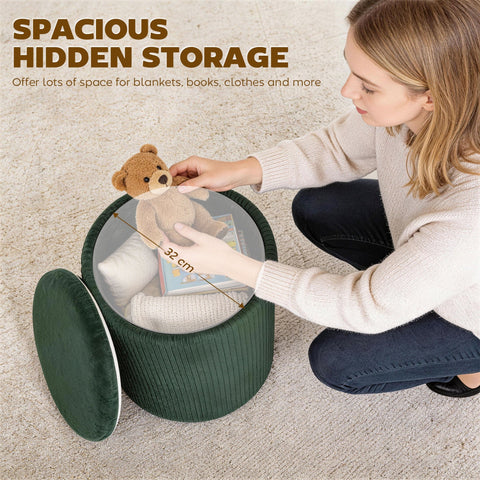 Dark green velvet storage ottoman with round cushioned lid and hidden space perfect for living room use