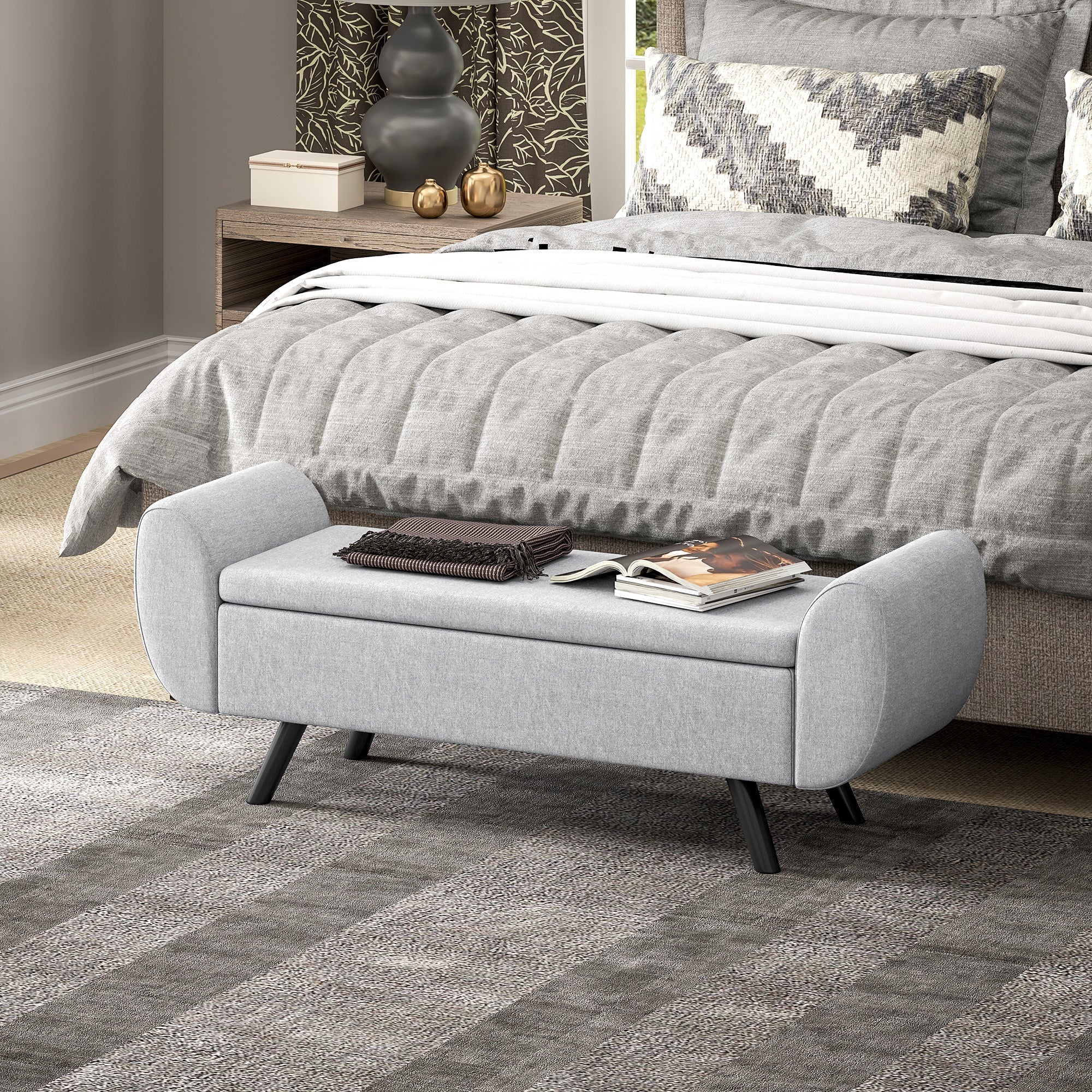 Gray homcom storage ottoman with breathable linen upholstery curved arms and black tapered rubberwood legs for living room