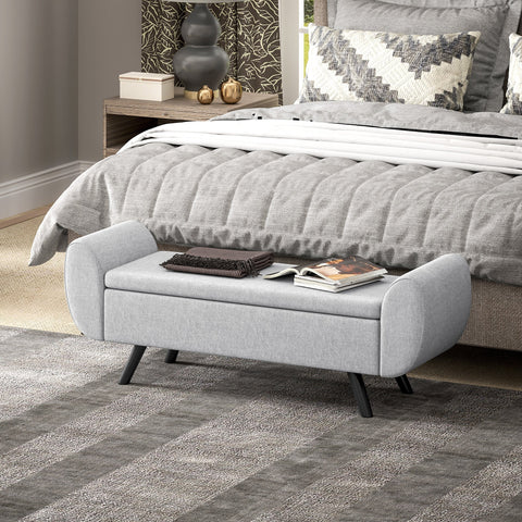 Gray homcom storage ottoman with breathable linen upholstery curved arms and black tapered rubberwood legs for living room