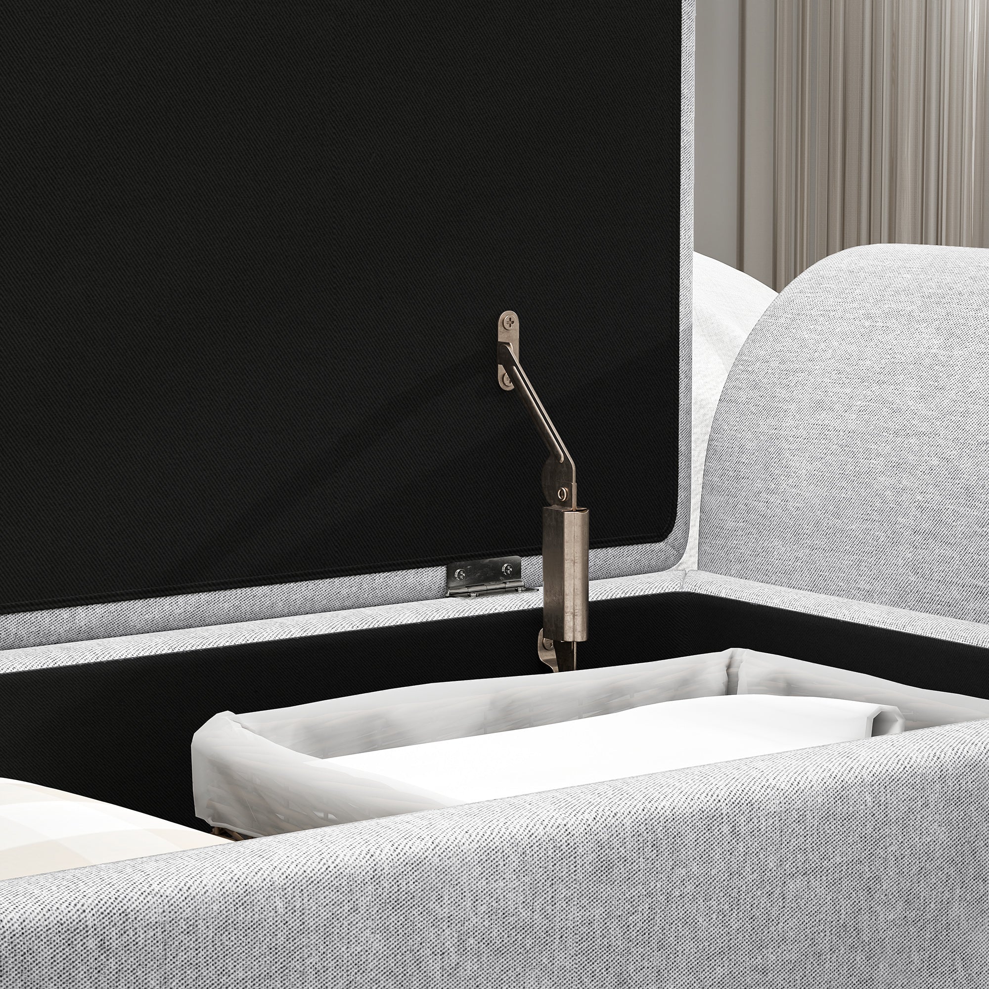 Gray textured homcom storage ottoman with breathable linen upholstery black interior and metallic support hinges