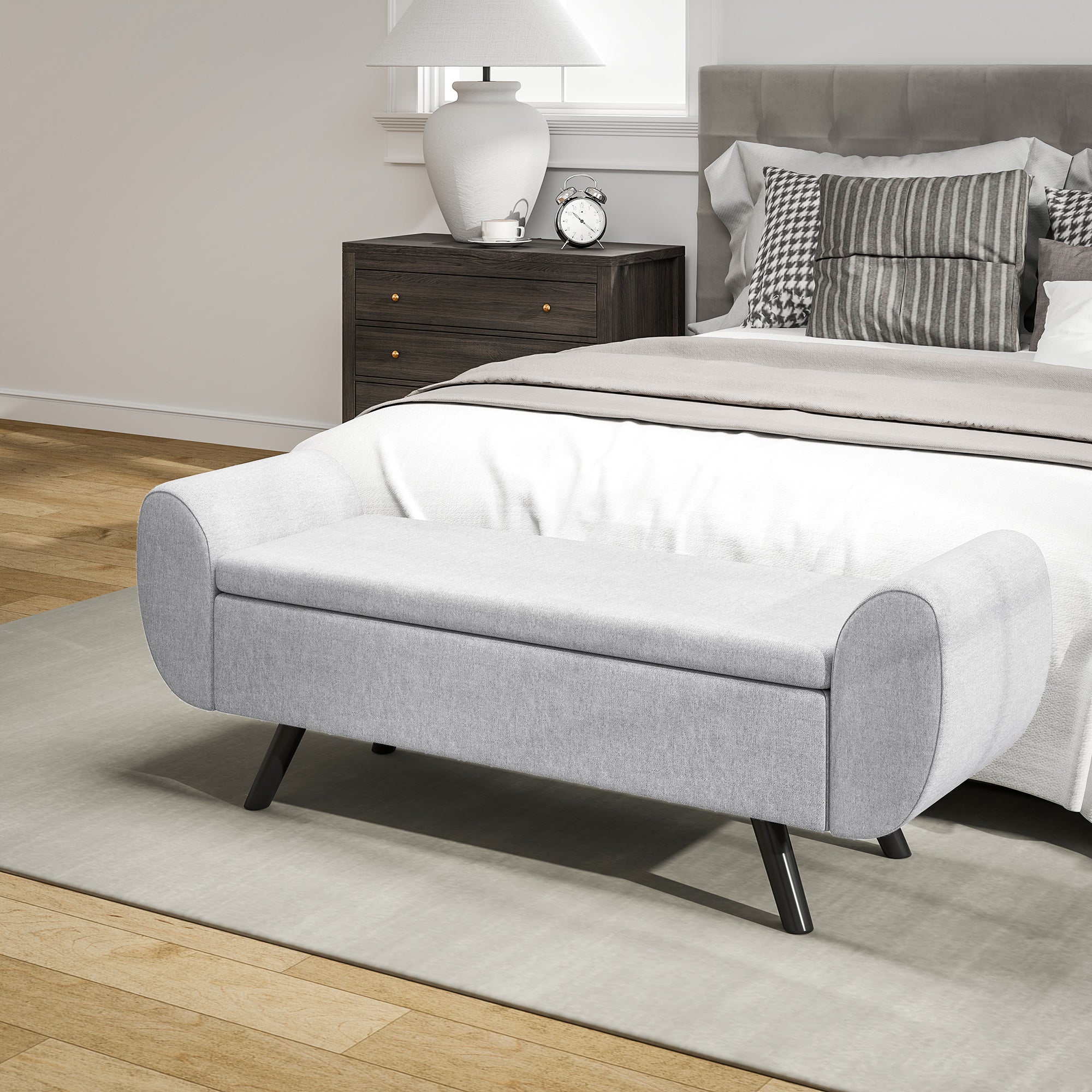 Homcom storage light grey breathable linen storage ottoman with curved armrests and black tapered rubberwood legs