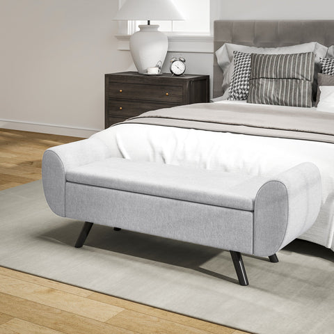 Homcom storage light grey breathable linen storage ottoman with curved armrests and black tapered rubberwood legs