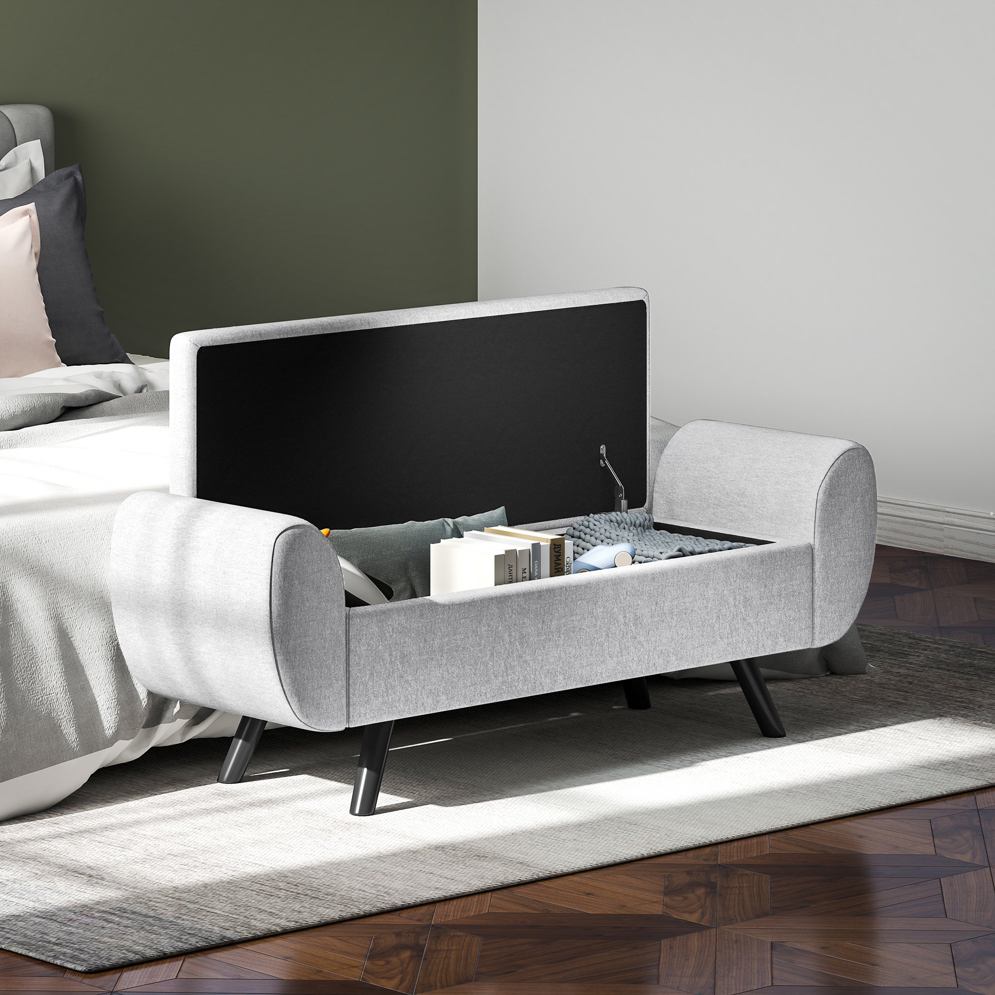 Gray upholstered homcom storage ottoman with breathable linen, black rubberwood legs, and lift-up back panel for living room
