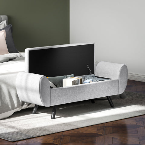 Gray upholstered homcom storage ottoman with breathable linen, black rubberwood legs, and lift-up back panel for living room