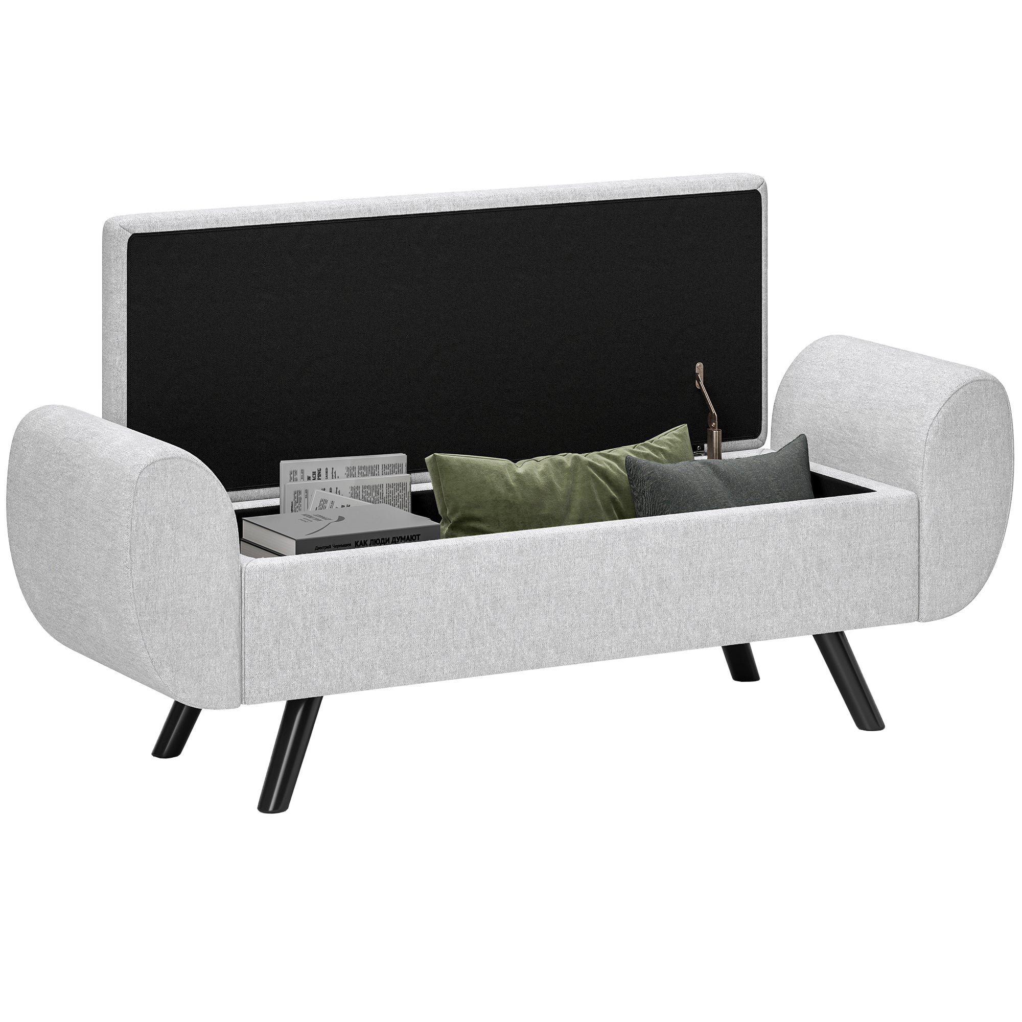 Light grey homcom storage ottoman with breathable linen upholstery and lift-up back revealing storage space for books and pillows