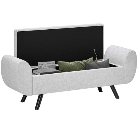 Light grey homcom storage ottoman with breathable linen upholstery and lift-up back revealing storage space for books and pillows