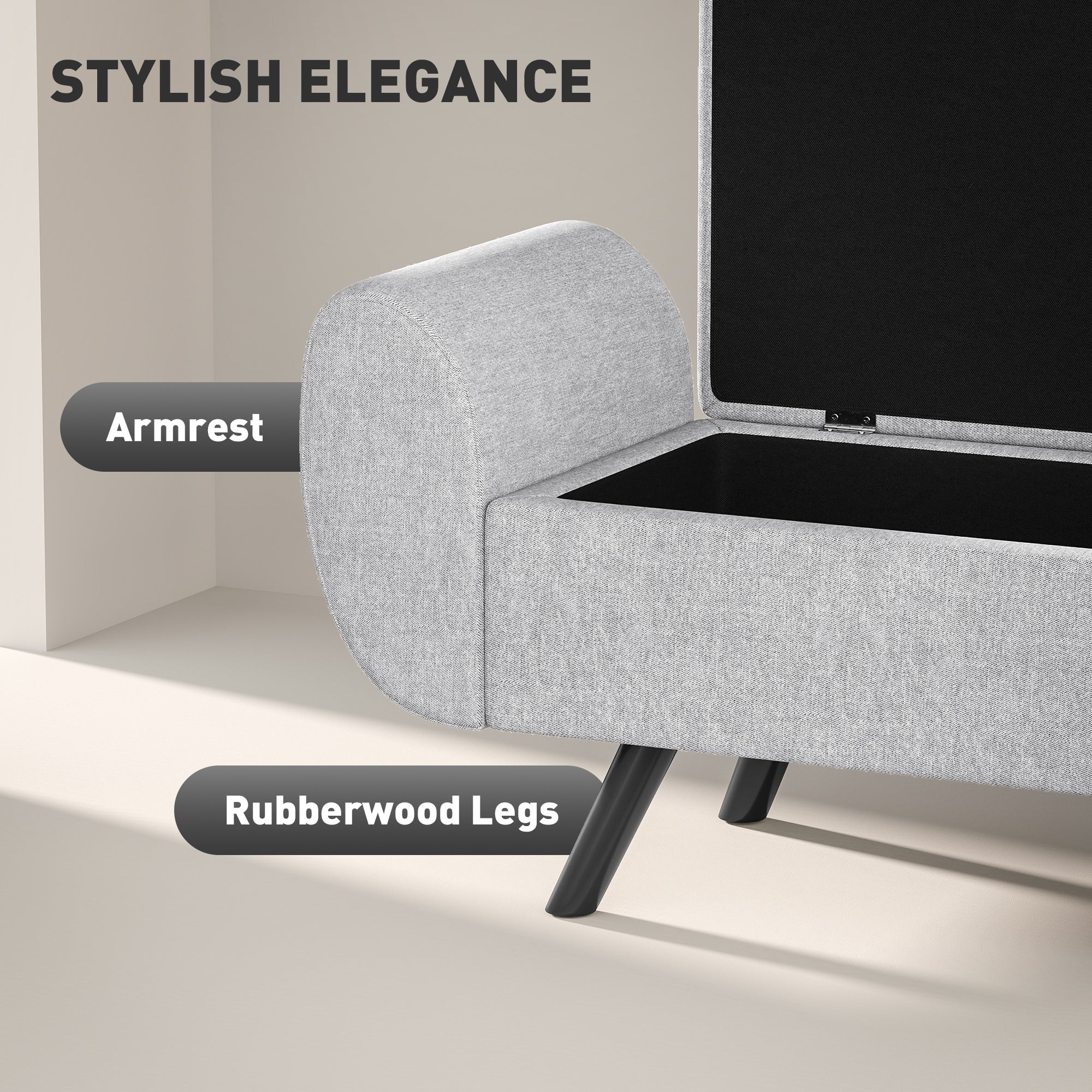 Gray upholstered homcom storage ottoman with breathable linen, curved armrest, and black rubberwood legs for living room