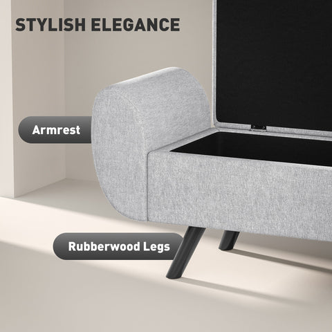 Gray upholstered homcom storage ottoman with breathable linen, curved armrest, and black rubberwood legs for living room