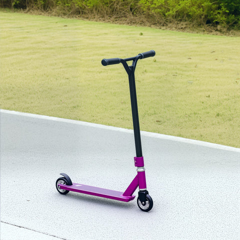 Purple and black homcom stunt scooter with sleek metallic finish wide non slip aluminium deck for beginners age 14+