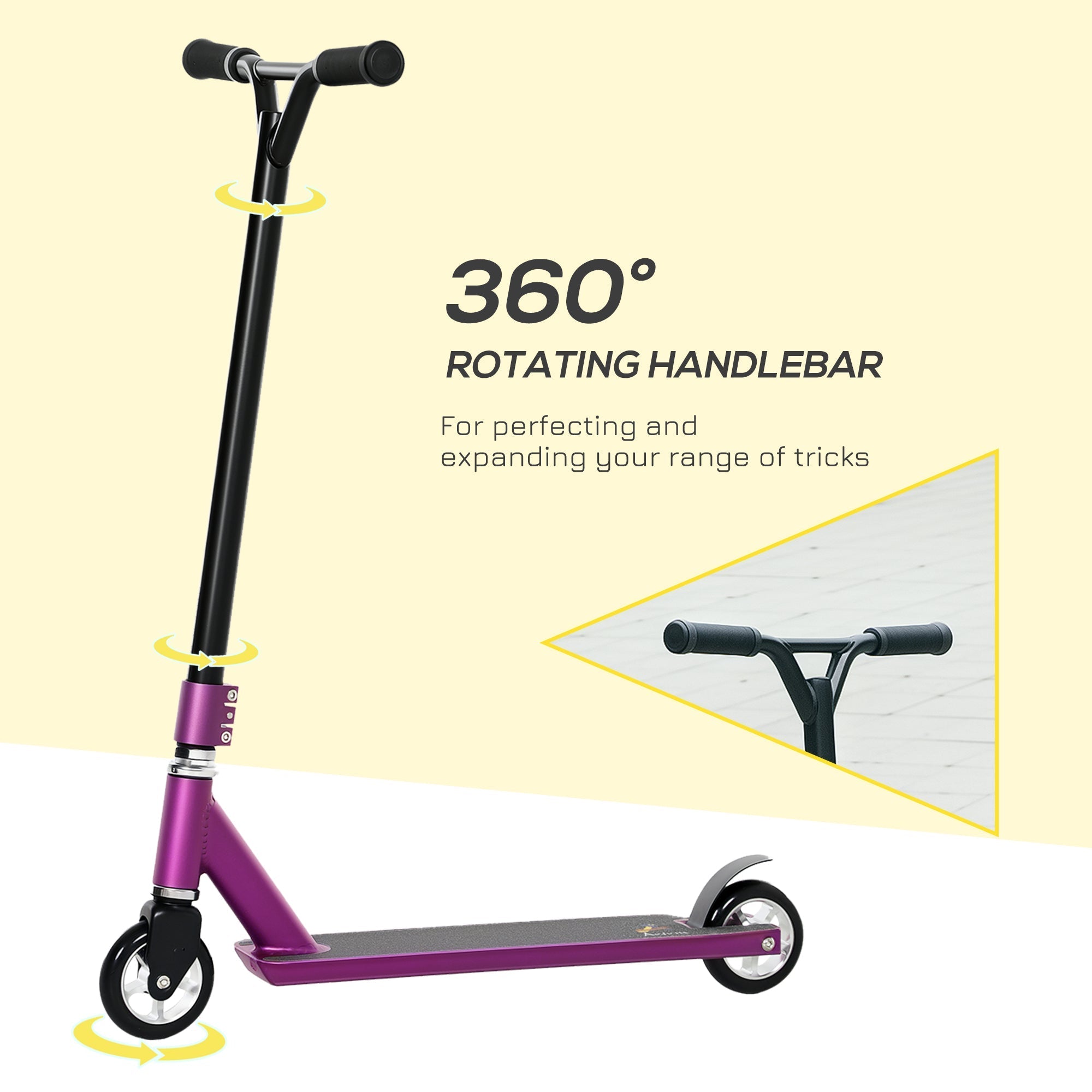 Homcom stunt scooter in purple and black with 360 degree rotating handlebar and wide non slip deck for beginners