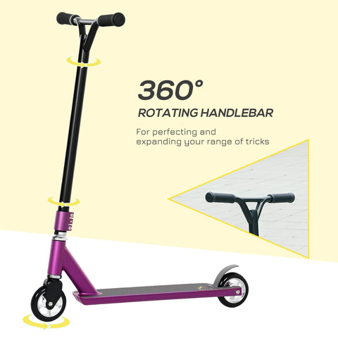 Homcom stunt scooter in purple and black with 360 degree rotating handlebar and wide non slip deck for beginners