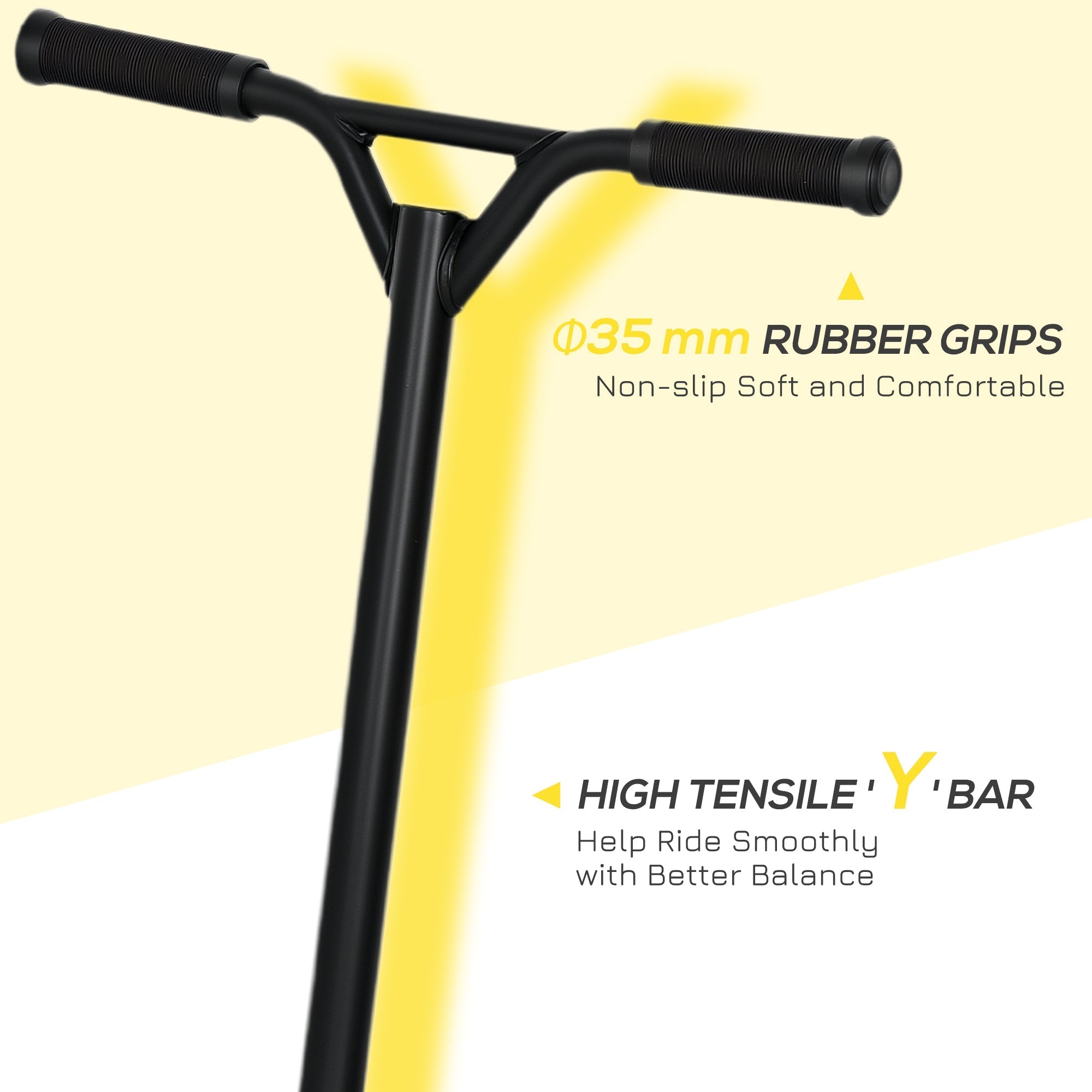 Black homcom stunt scooter handlebar with wide non slip textured rubber grips and high tensile y bar frame