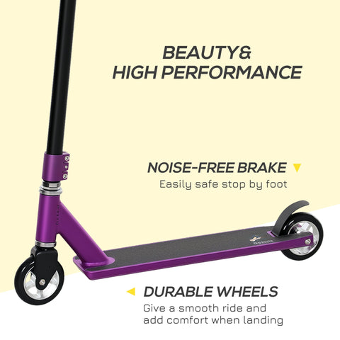 Purple homcom stunt scooter with wide non-slip lightweight aluminium deck and black handlebars for beginners