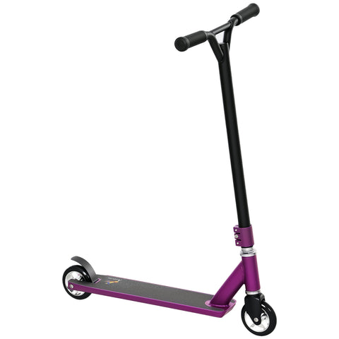 Purple and black homcom stunt scooter with wide non-slip handlebars and lightweight aluminium deck for beginners aged 14+