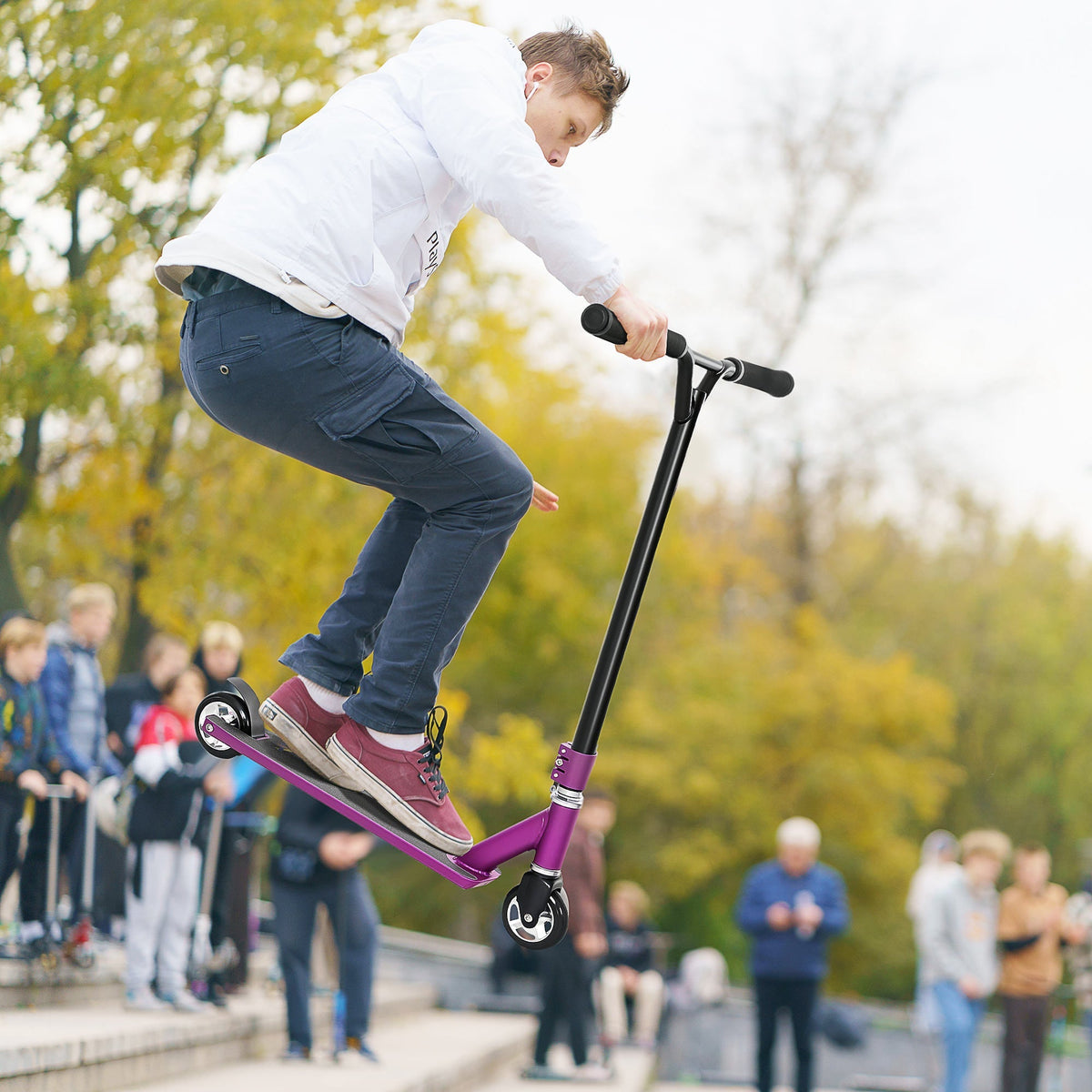 Purple homcom stunt scooter with sleek metallic frame black handlebars wide non-slip wheels for beginners 14+
