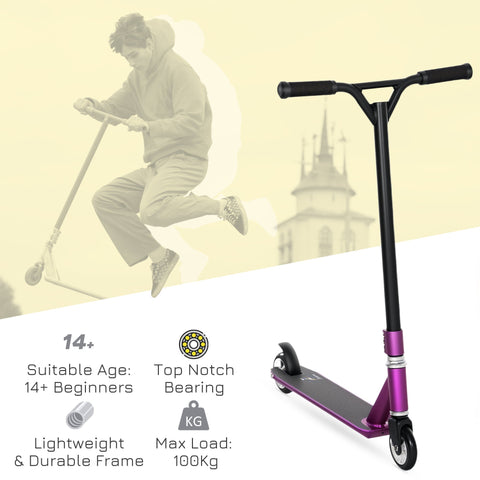 Purple and black homcom stunt scooter with lightweight aluminium deck and wide non slip design for beginners aged 14+