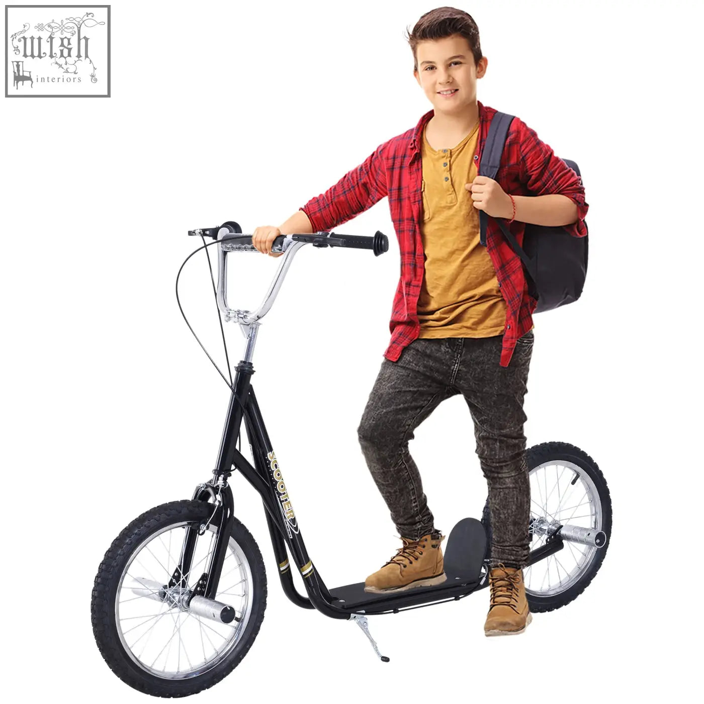 Black homcom kids scooter with inflatable tyres, non-slip foot deck, adjustable height, and silver handlebars