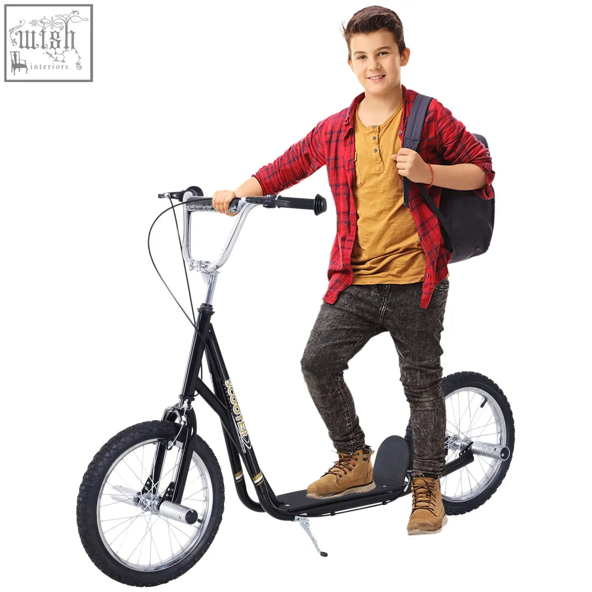 Black homcom kids scooter with inflatable tyres, non-slip foot deck, adjustable height, and silver handlebars