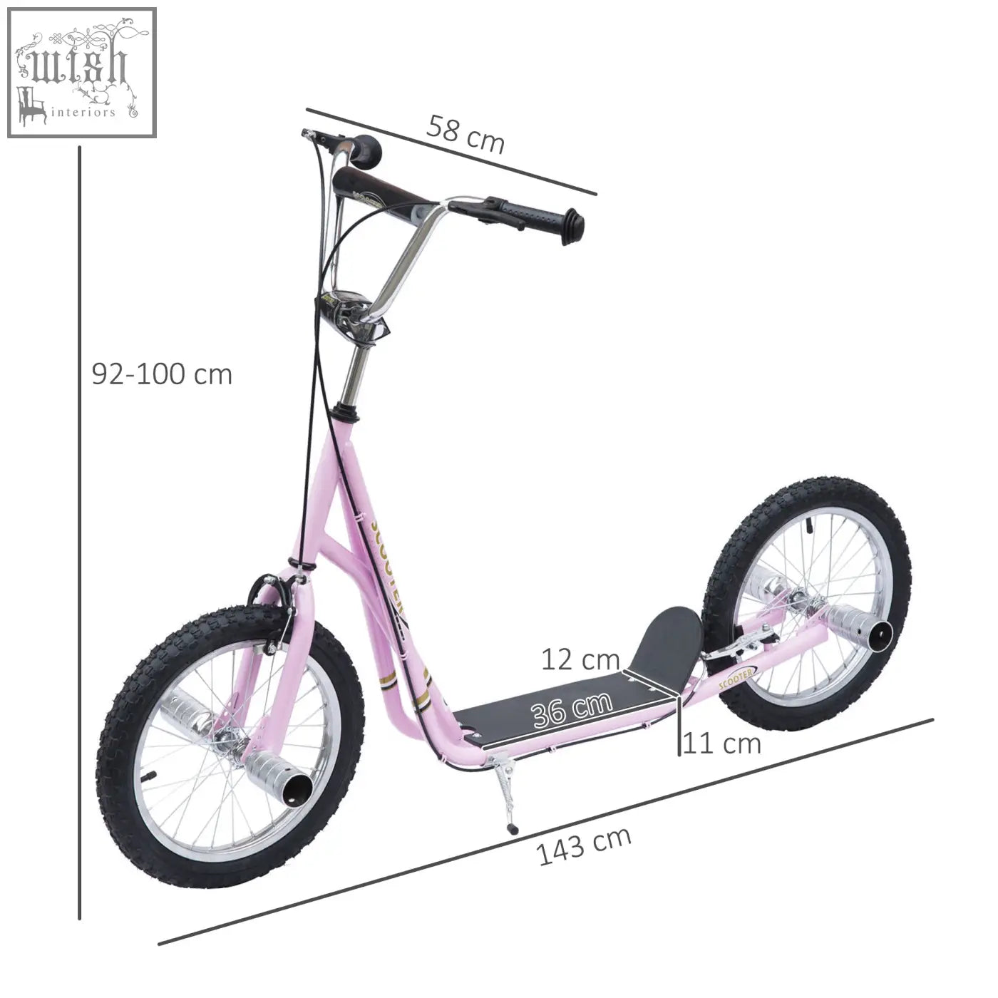 Pink homcom kids scooter with black handlebars silver frame accents non-slip foot deck and inflatable tyres