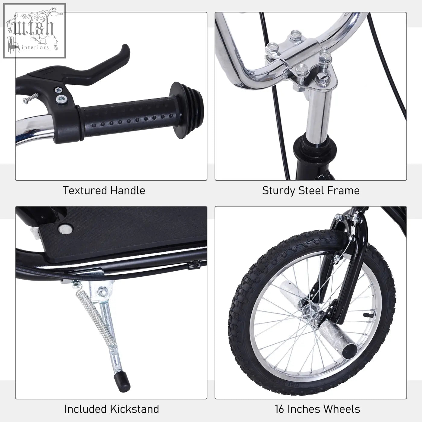 Black kids scooter with sturdy steel frame, textured handlebars, 16-inch wheels, kickstand, and non-slip foot deck