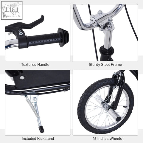 Black kids scooter with sturdy steel frame, textured handlebars, 16-inch wheels, kickstand, and non-slip foot deck