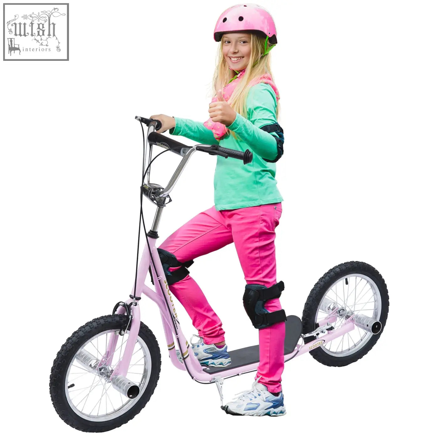 Pink homcom kids scooter with black handlebars inflatable tyres and non-slip foot deck for ages 5 plus