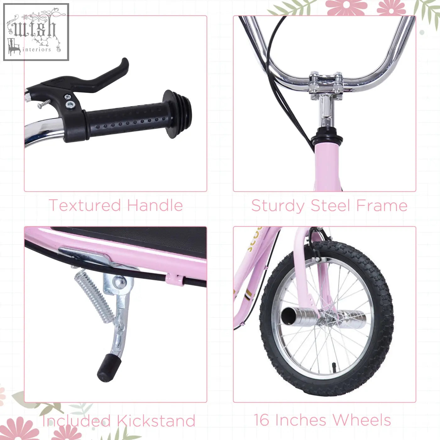 Pink homcom kids scooter with chrome steel frame 16-inch wheels black non-slip foot deck and inflatable tyres