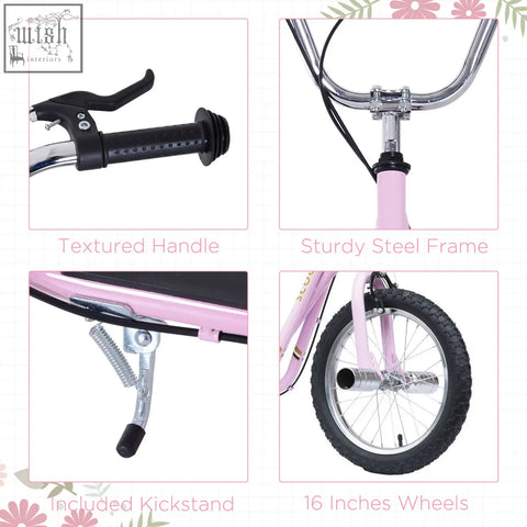Pink homcom kids scooter with chrome steel frame 16-inch wheels black non-slip foot deck and inflatable tyres