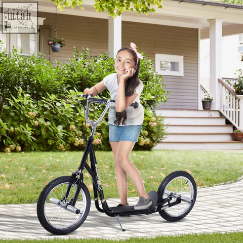 Black homcom stunt kids scooter with inflatable tyres, adjustable height, non-slip foot deck, and dual brakes