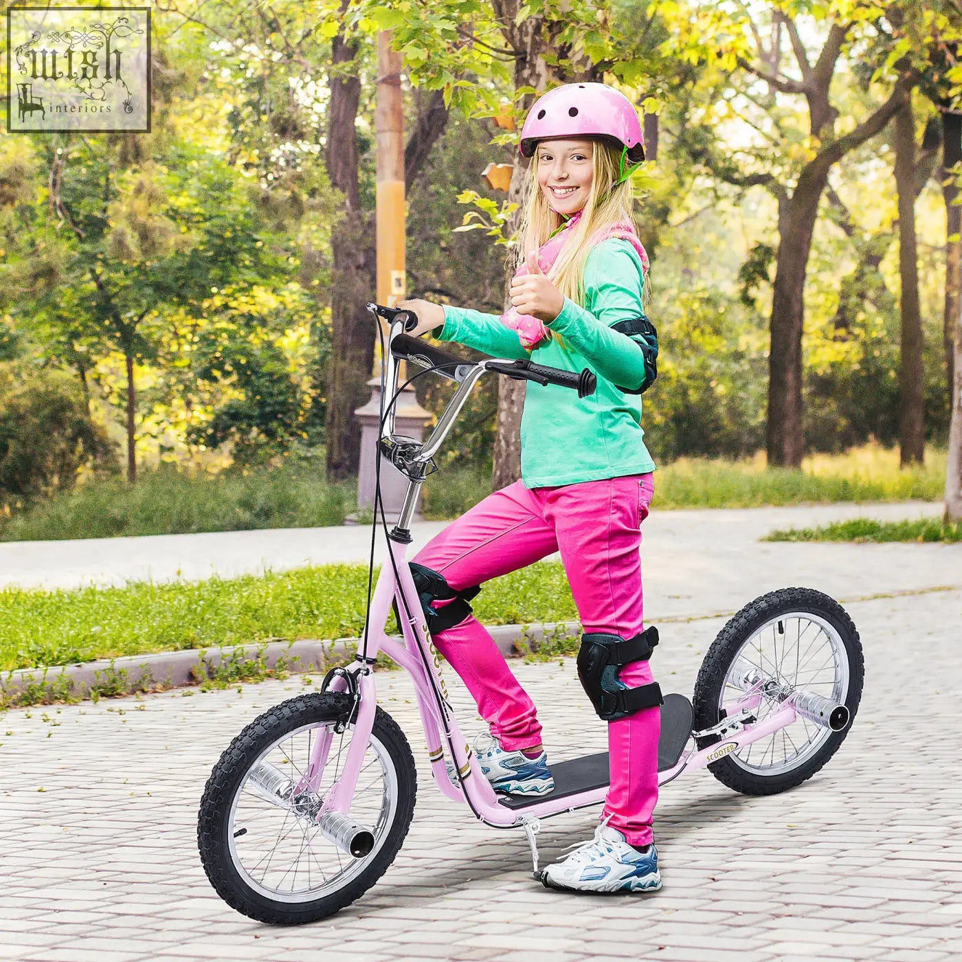 Pink HOMCOM kids scooter with adjustable height, inflatable tyres, non-slip foot deck, dual brakes, and padded knee guards