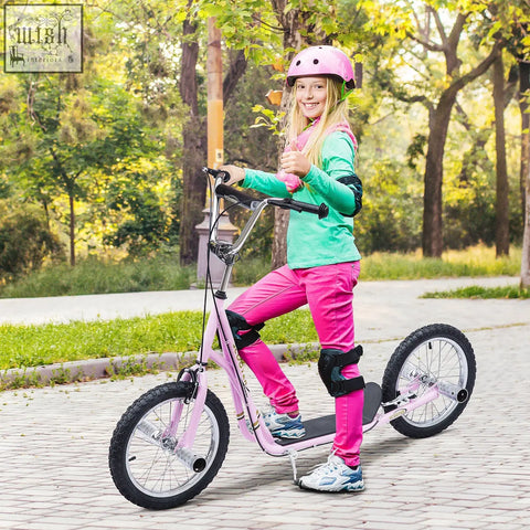 Pink HOMCOM kids scooter with adjustable height, inflatable tyres, non-slip foot deck, dual brakes, and padded knee guards