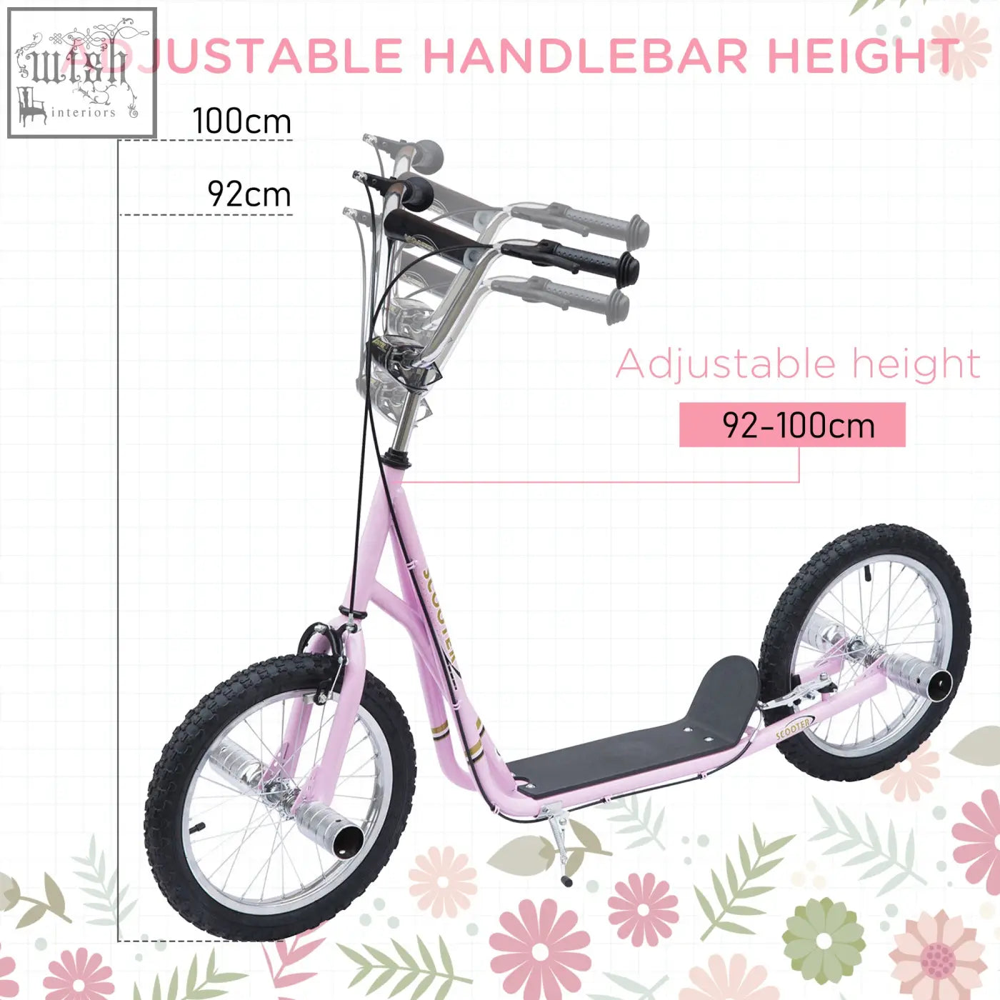 Pink homcom kids scooter with adjustable handlebar, sleek metallic frame, black grips, non-slip foot deck, inflatable tyres