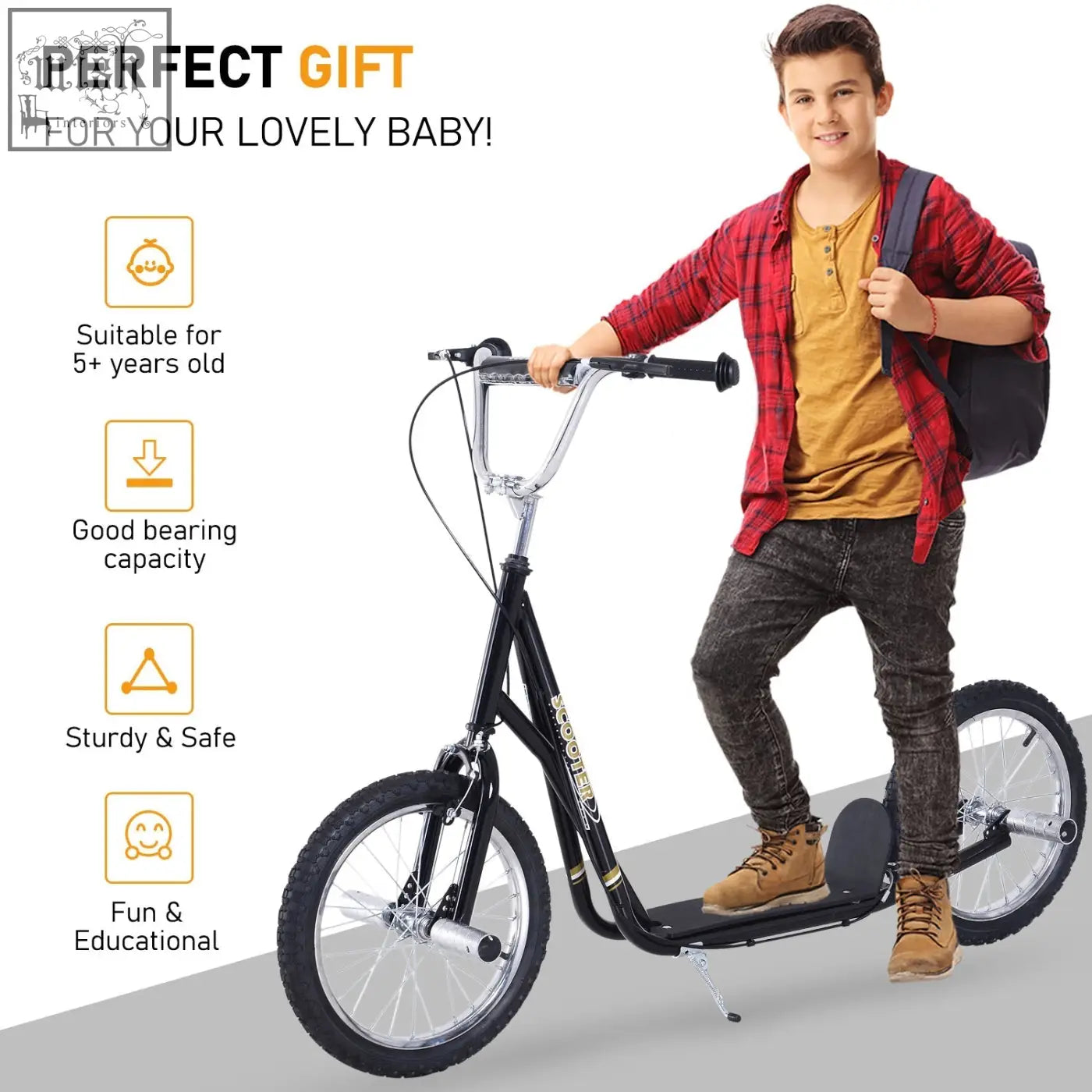 Black homcom kids scooter with chrome handlebars big inflatable tyres and non-slip foot deck for ages 5 plus