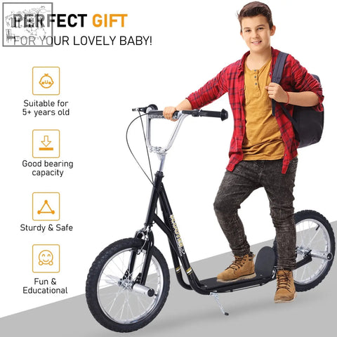 Black homcom kids scooter with chrome handlebars big inflatable tyres and non-slip foot deck for ages 5 plus
