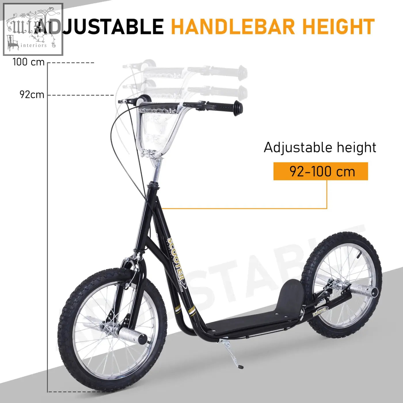 Black homcom kids scooter with adjustable handlebar big wheels non-slip foot deck and dual brakes for ages 5+