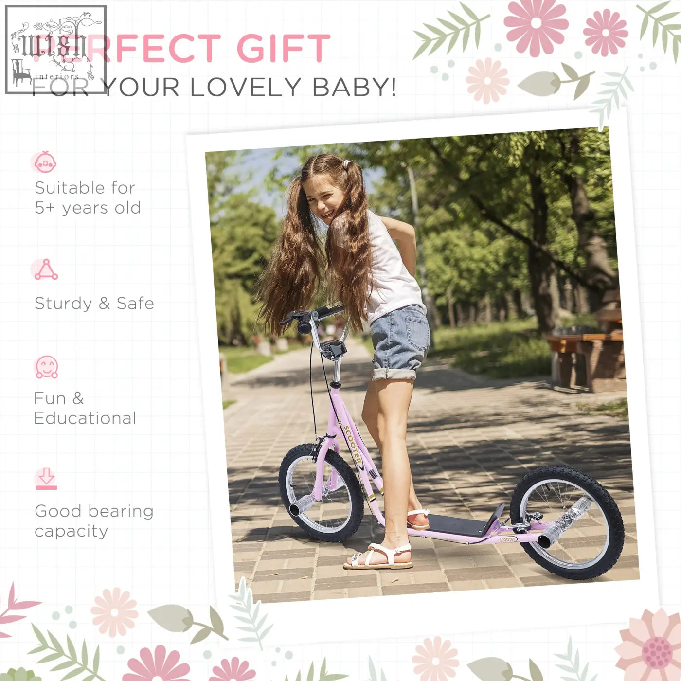 Pink homcom kids scooter with inflatable tyres, non-slip foot deck, adjustable height, and dual brakes for ages 5+