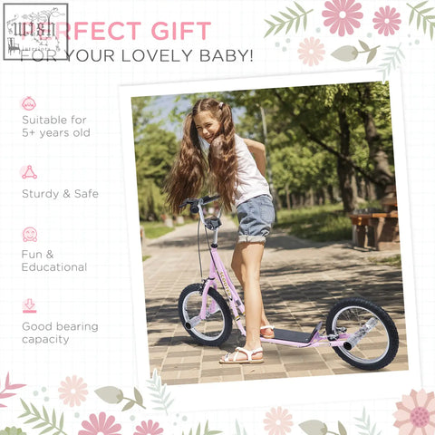 Pink homcom kids scooter with inflatable tyres, non-slip foot deck, adjustable height, and dual brakes for ages 5+
