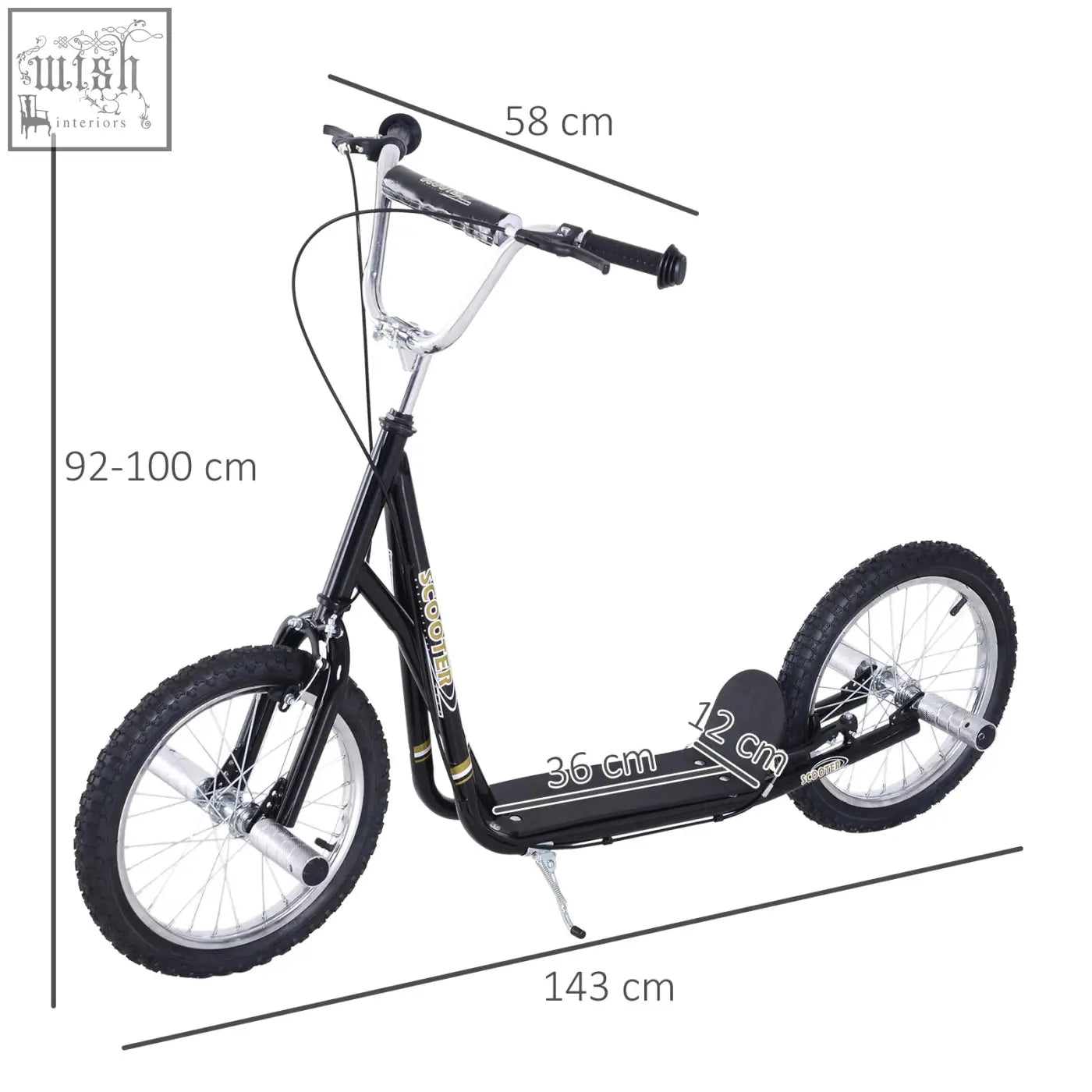 Black and silver homcom kids scooter with inflatable tyres non-slip foot deck and adjustable height for ages 5 plus