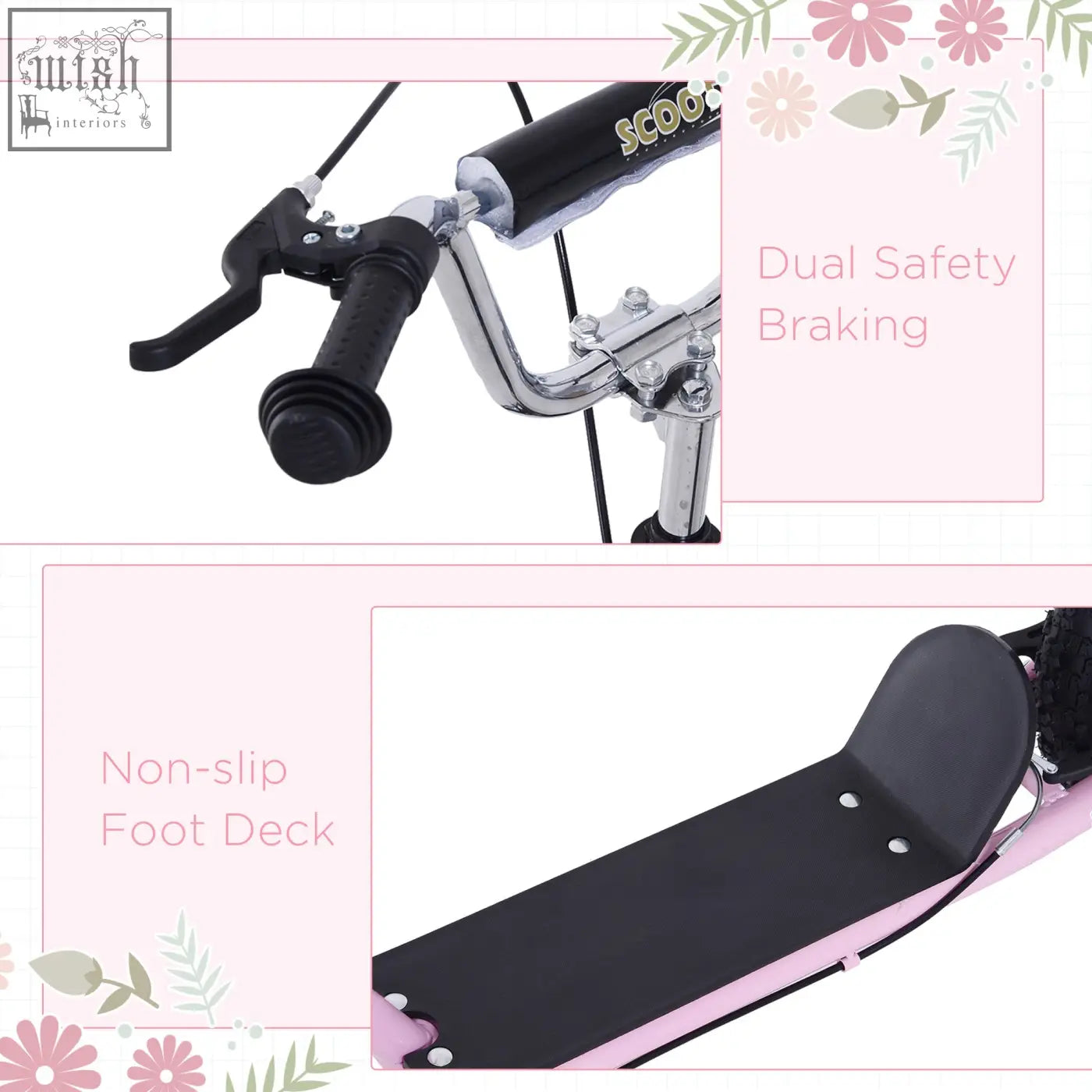 Pink and black homcom kids scooter with chrome handlebars dual brakes inflatable tyres and non-slip foot deck for ages 5+