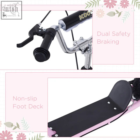 Pink and black homcom kids scooter with chrome handlebars dual brakes inflatable tyres and non-slip foot deck for ages 5+