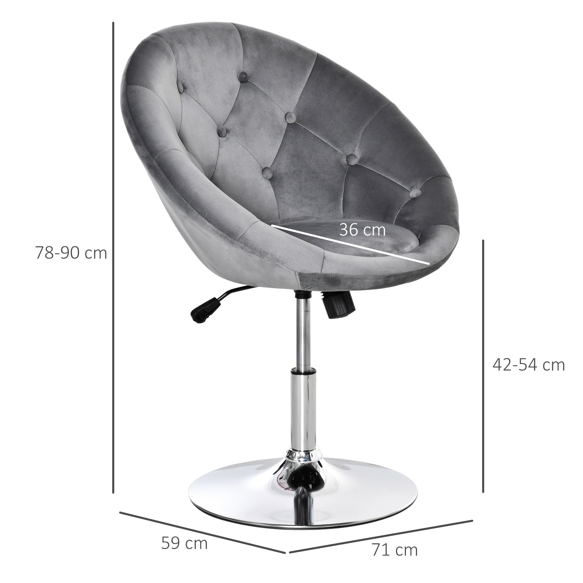 Gray velvet-feel upholstered swivel dressing stool with button tufting and chrome base, adjustable height vanity chair