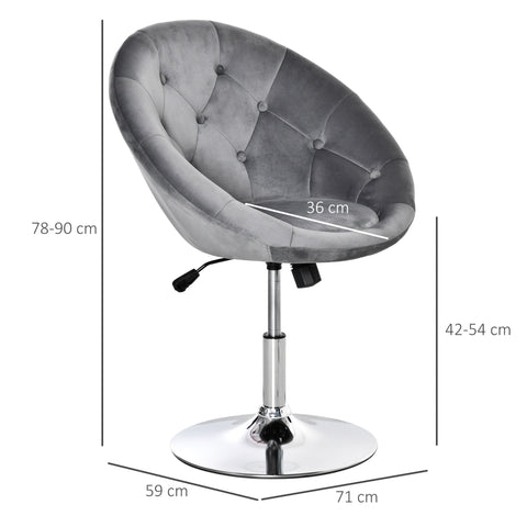 Gray velvet-feel upholstered swivel dressing stool with button tufting and chrome base, adjustable height vanity chair