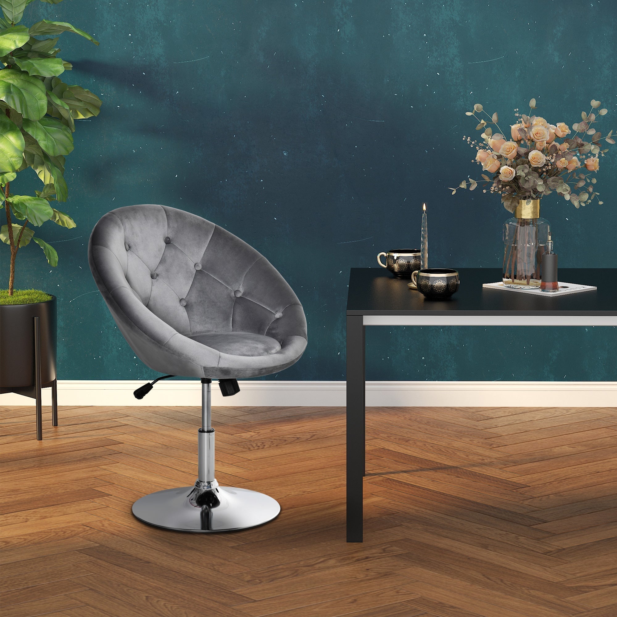 Gray velvet-feel upholstered swivel dressing stool with button tufting and chrome base for vanity or dining use
