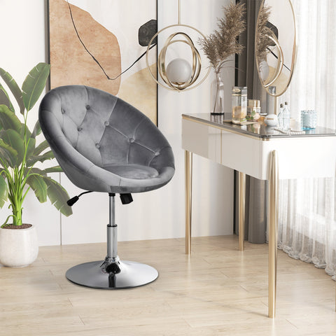 Gray velvet swivel dressing stool with button tufting chrome base velvet-feel upholstery and adjustable height