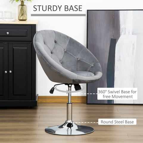 Gray velvet swivel dressing stool with button tufting velvet-feel upholstery and chrome base for vanity use
