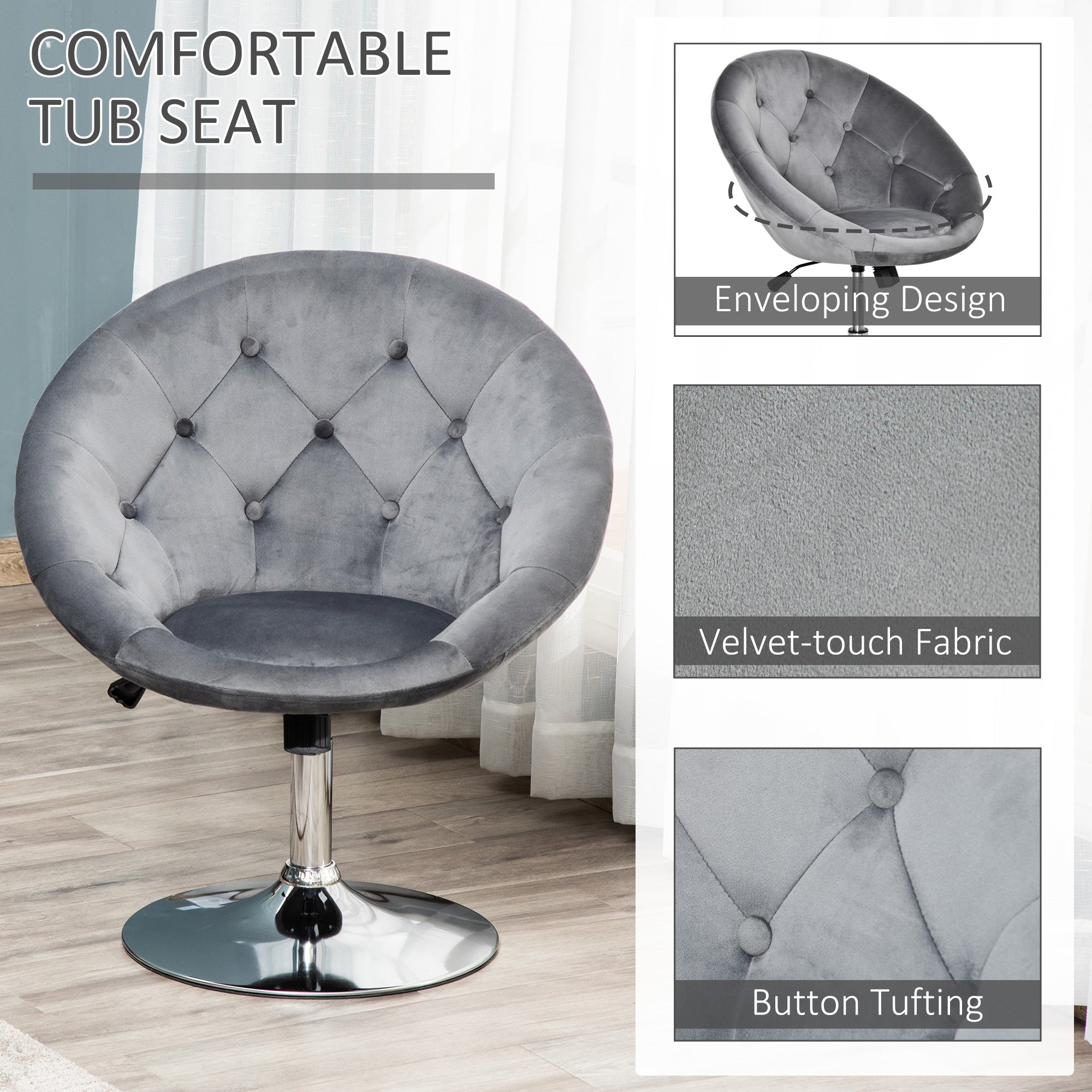 Gray velvet-feel upholstered swivel dressing stool with button tufting and chrome pedestal base for vanity use
